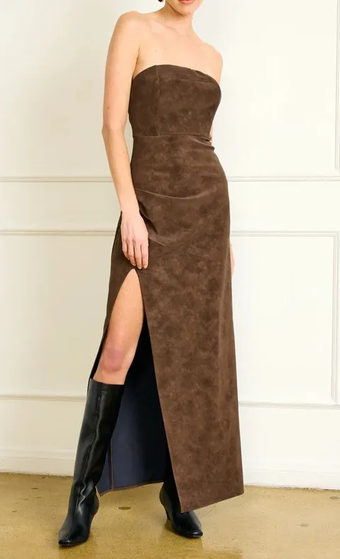 Brown Faux Leather Strapless Side Slit Dress