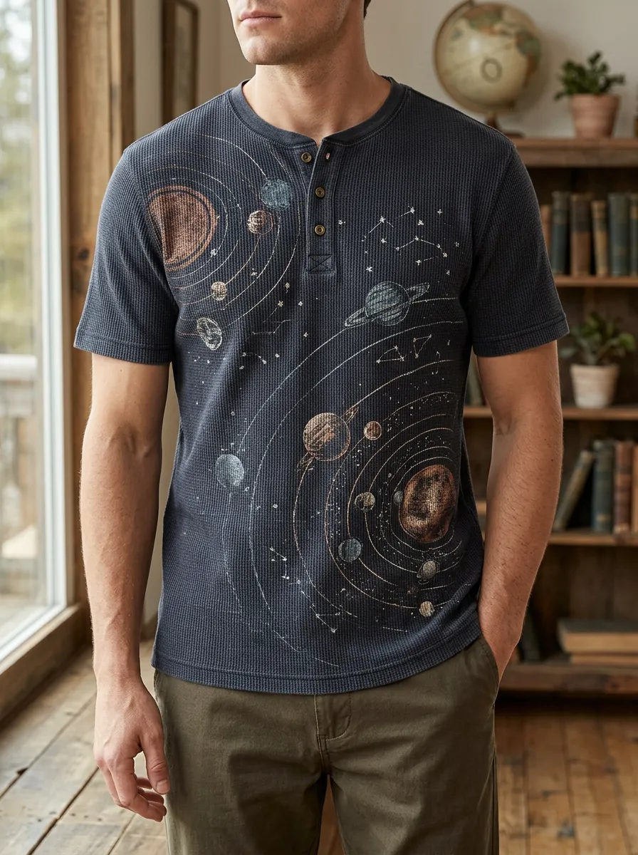 Men's Relaxed Astronomy Lover Solar System Henley T-Shirt