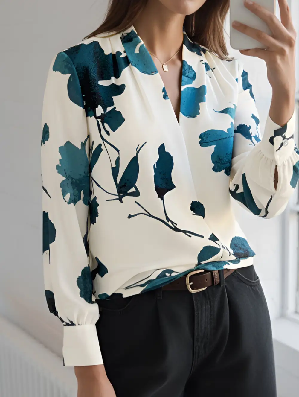 Ink Floral Print Artistic Long Sleeve Shirt
