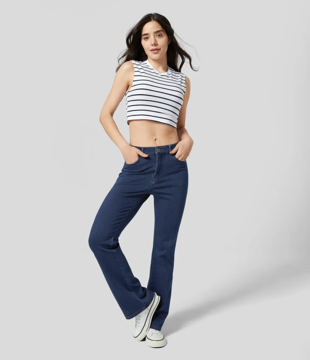 Magic Mid Rise Button Pockets Stretchy Knit Casual Bootcut Jeans