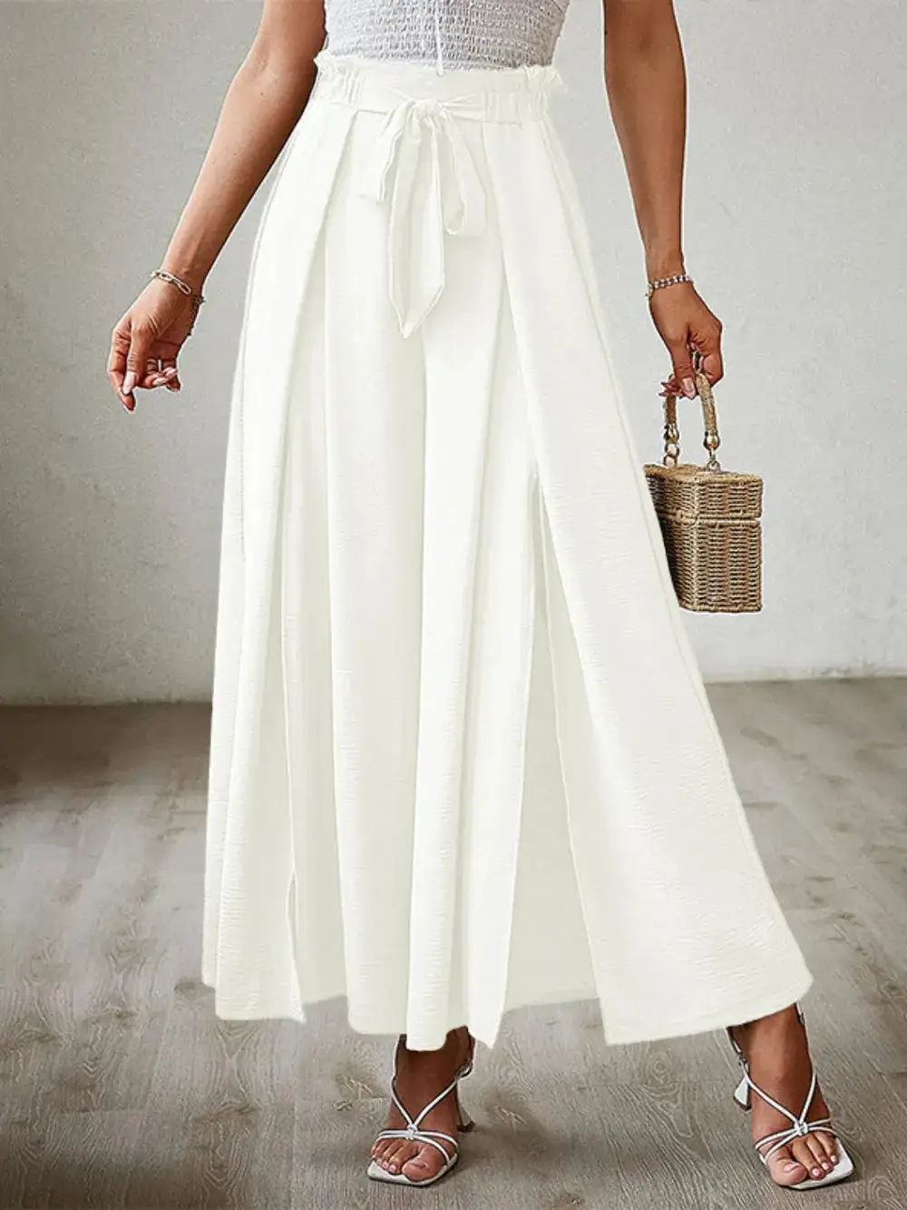Wide Leg Tie Waist Slit Detail Everyday Pants