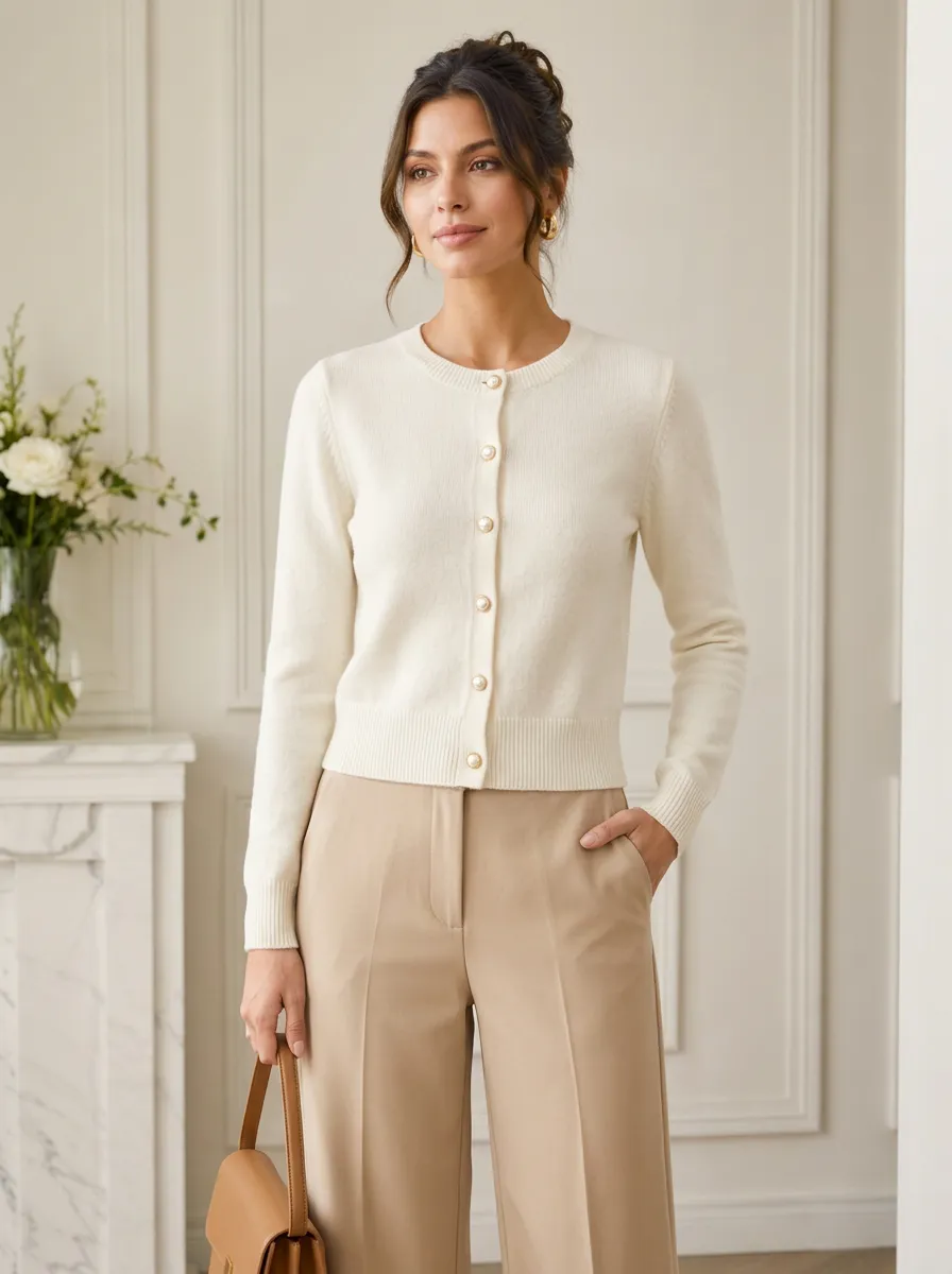 Women's Off- Pearl Button Crewneck Cardigan