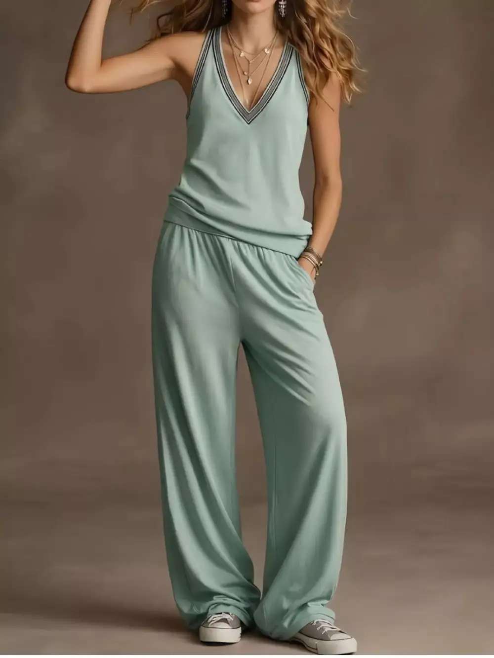Full Size V Neck Tank Top & Wide Leg