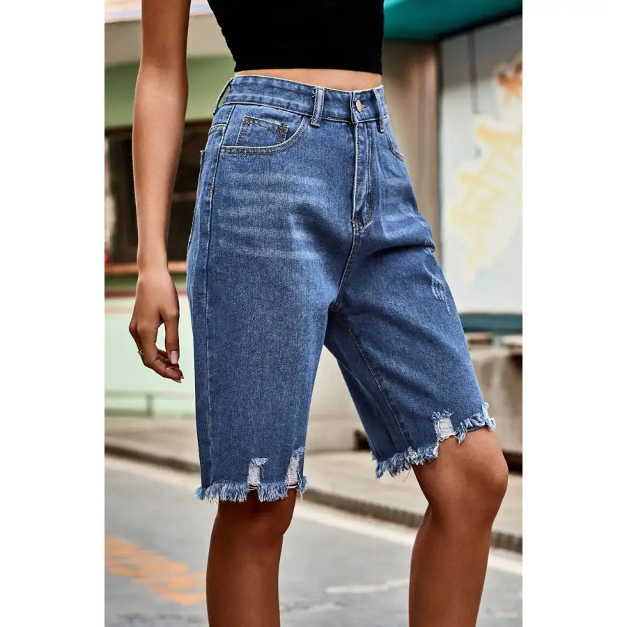Raw Hem High Waist Denim Shorts with Pockets