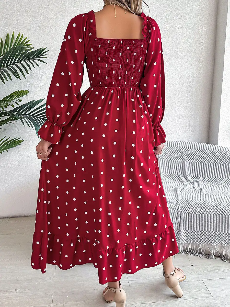 Pleated Ruffled Polka Dot Long Neck Shirt