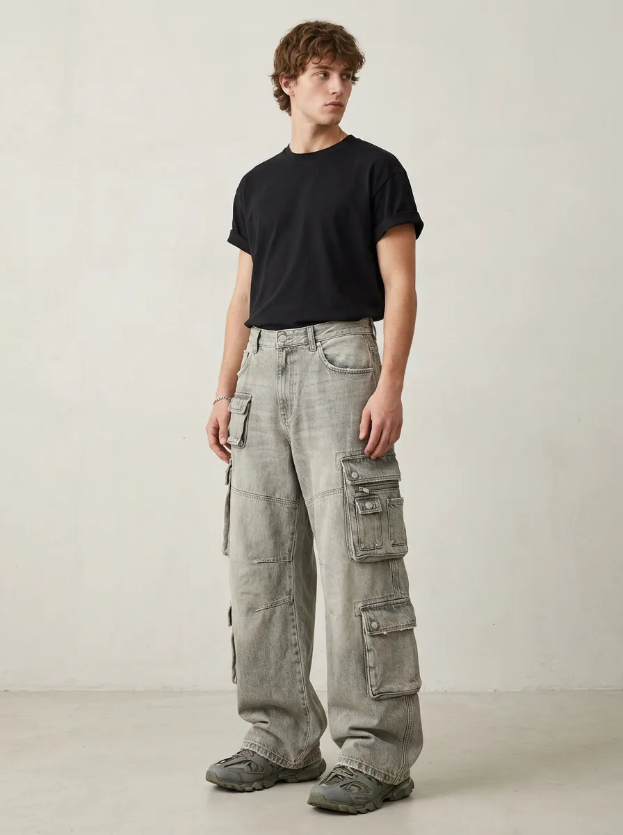 Men's Washed Multi-Pocket Cargo Jeans Featuring Button Fly