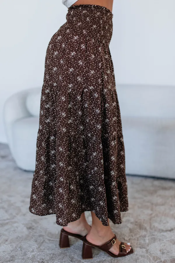 Modern Floral Print Tiered Ruffled Midi Skirt