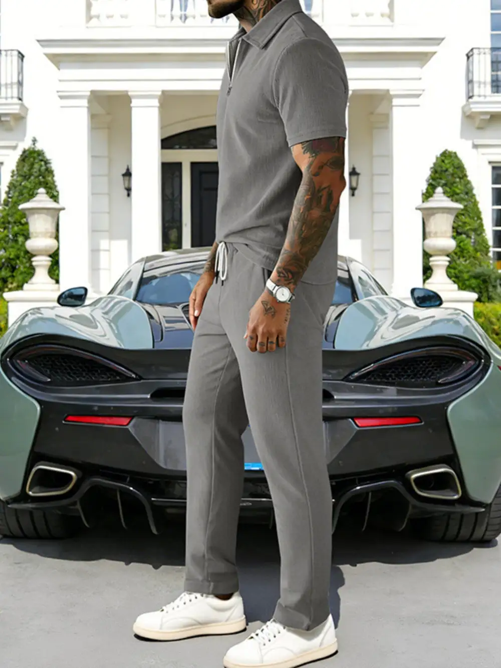 Men's Full Size Casual Zipper Polo Shirt and Pant Set