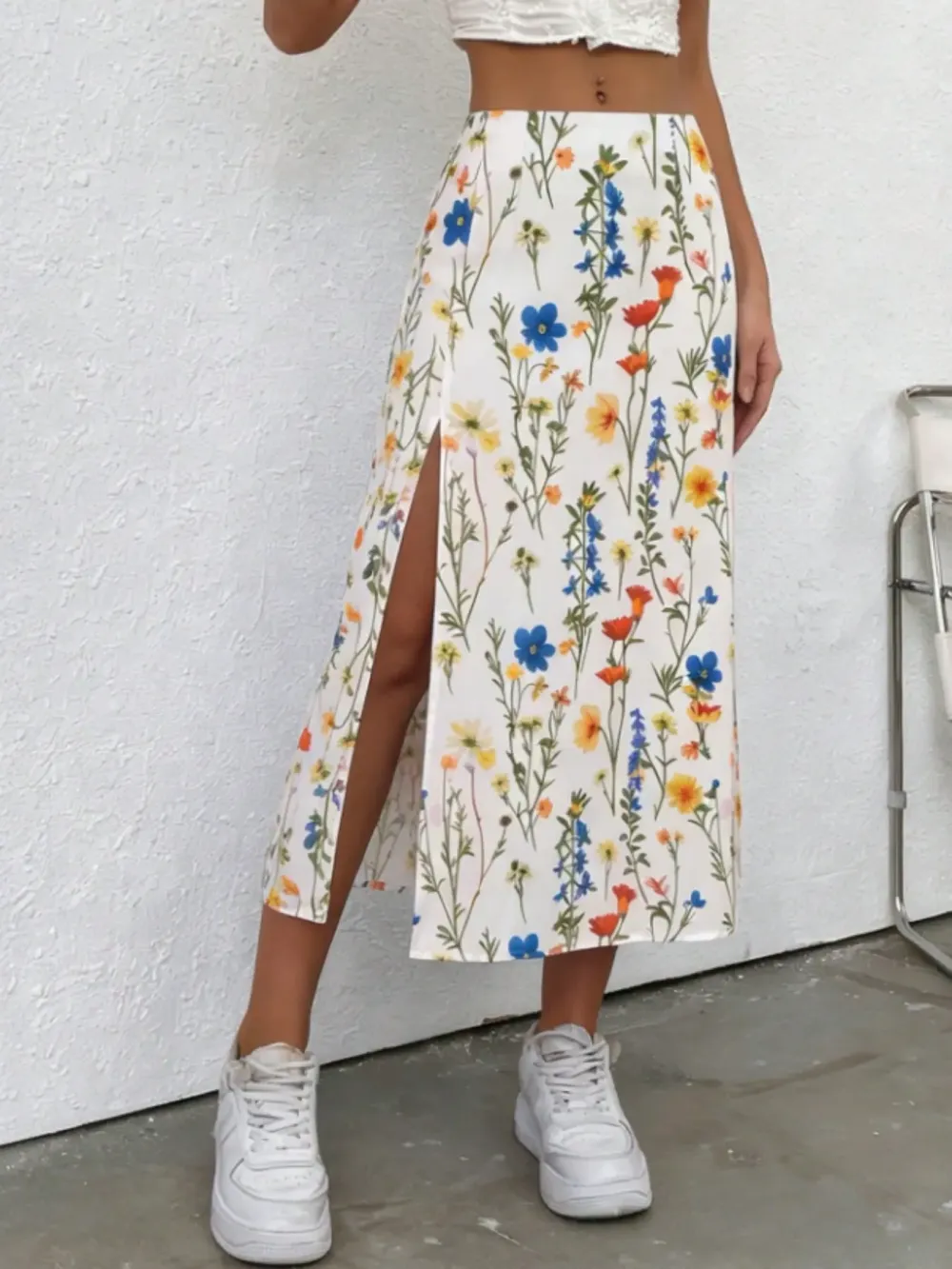 Women's Ditsy Floral Print Split Thigh A Line Skirt