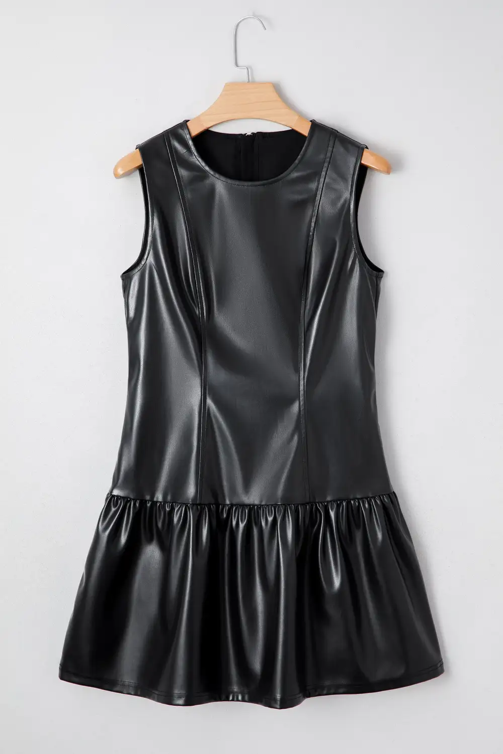 Textured Detail Faux Leather Ruffle Sleeveless Mini Dress