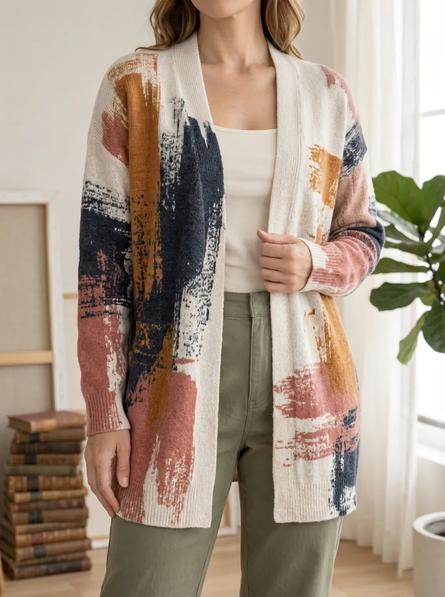Women's Abstract Brushstroke Pattern Printed Open Front Daily Layering Cardigan