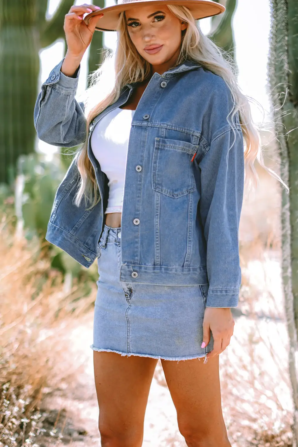 Women's Washed Oversize Pocketed Denim Jacket