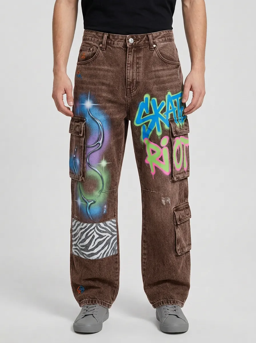 Men's Streetwear Skate Riot Graffiti Zebra Graphic Cargo Jeans