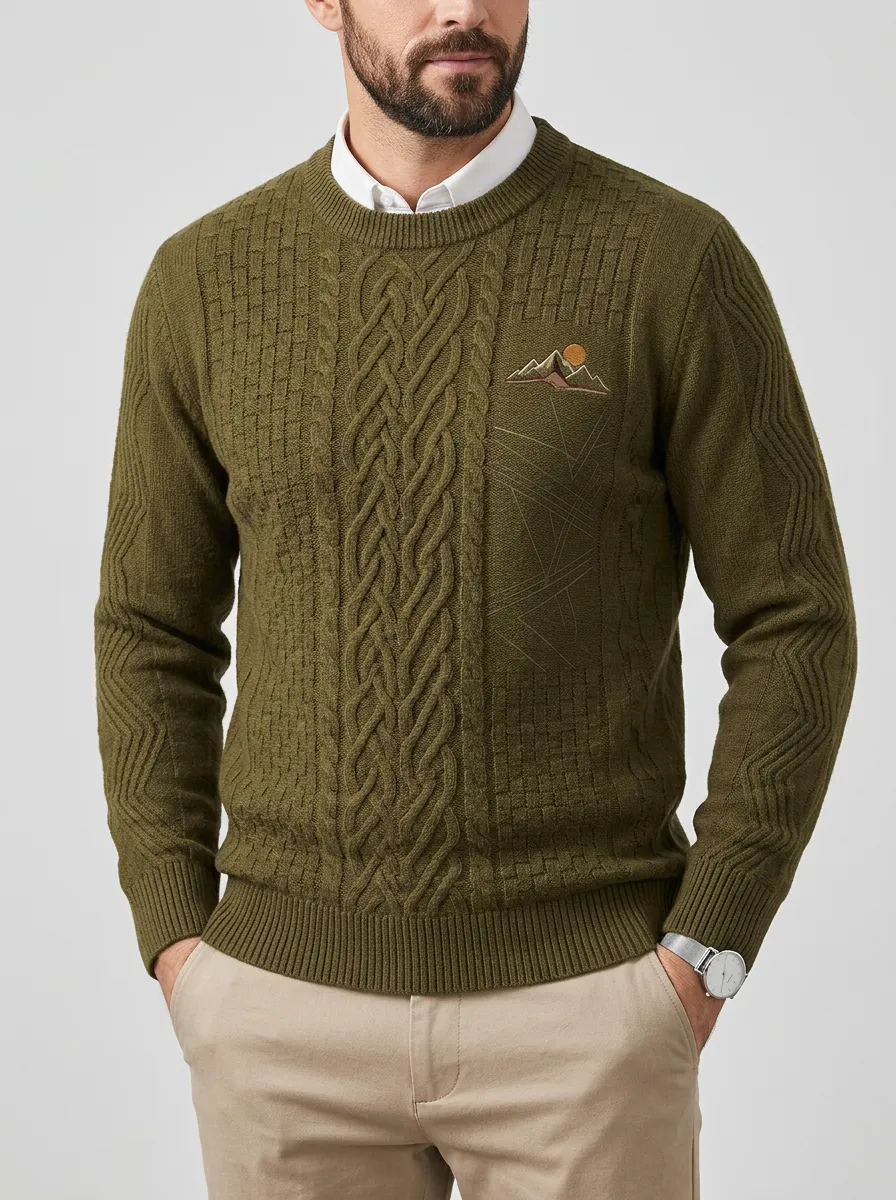Men's Olive Green Outdoor Mountain Sunset Knit Sweater