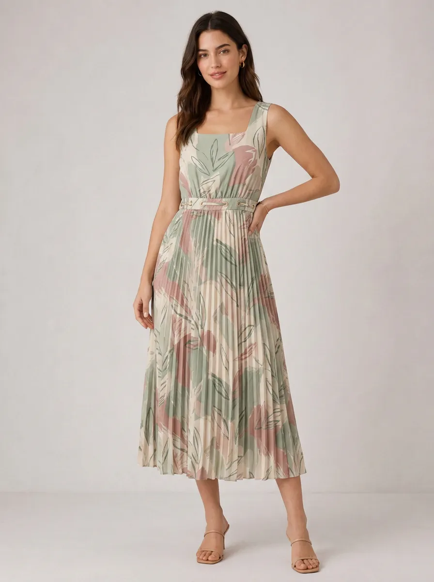 Women's Botanical Floral Sage Green Pleated Printed Dress