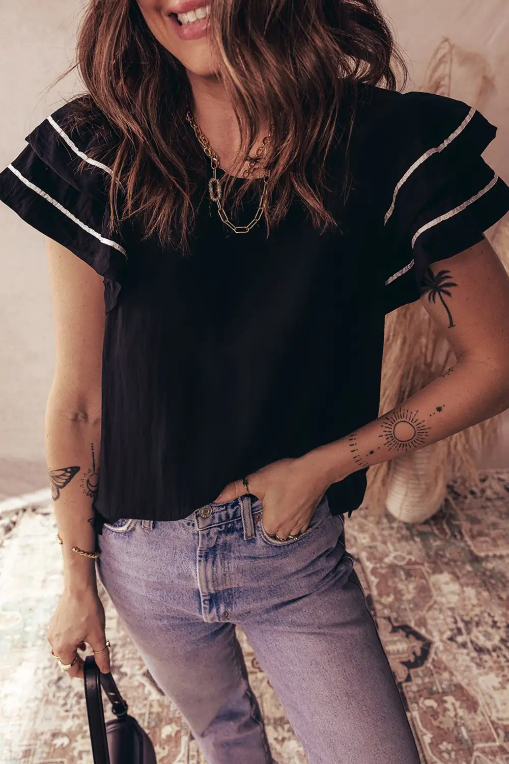 Women's Textured Short Sleeve Ruffled Top