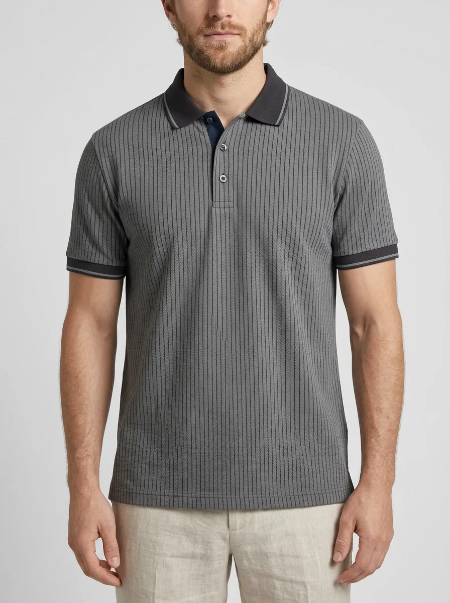 Men's Smart-Casual Grey Vertical Striped Polo Shirt