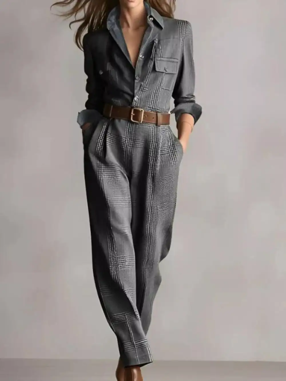 Button Front Long Sleeve Jumpsuit
