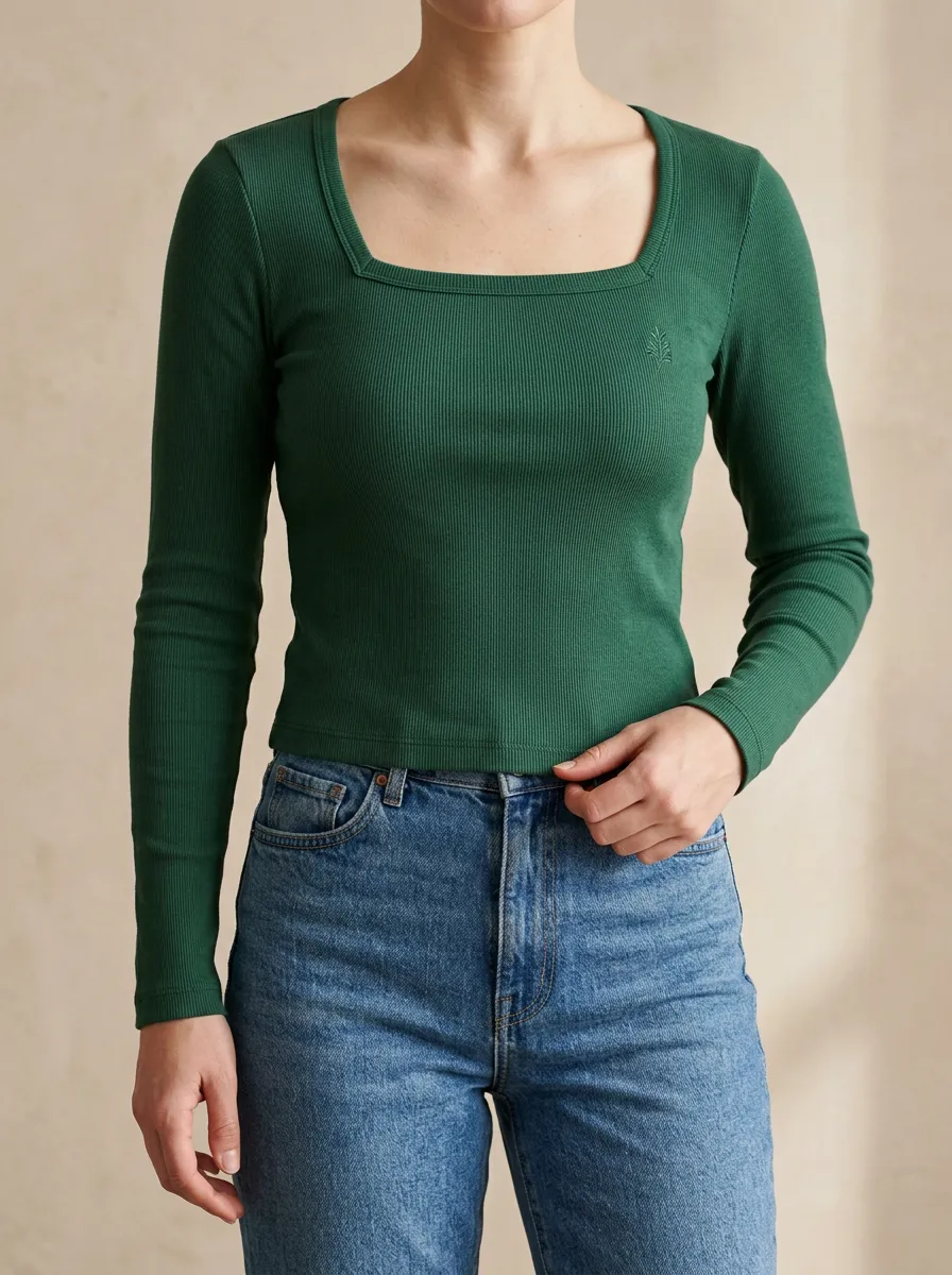 Square Neck Embroidered Detail Women's Long Sleeve Tee