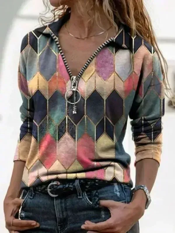 Lapel Long Sleeve Printed Zip T-shirt