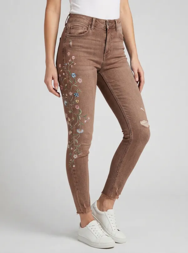 Women's Harbor Floral Embroidered Distressed Slim Jeans