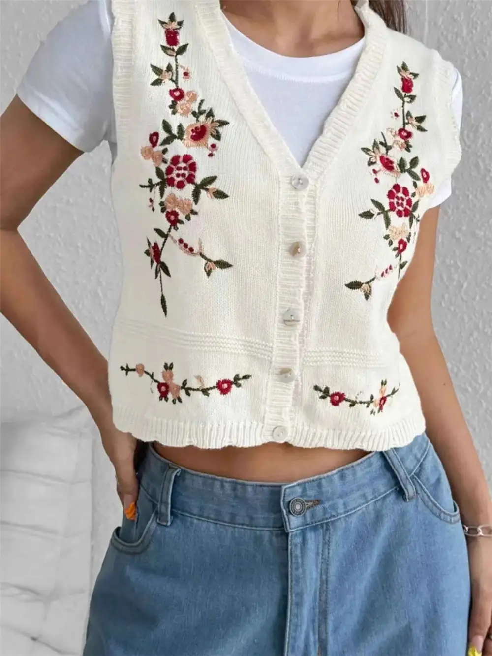Embroidered Button-Up Sweater Vest