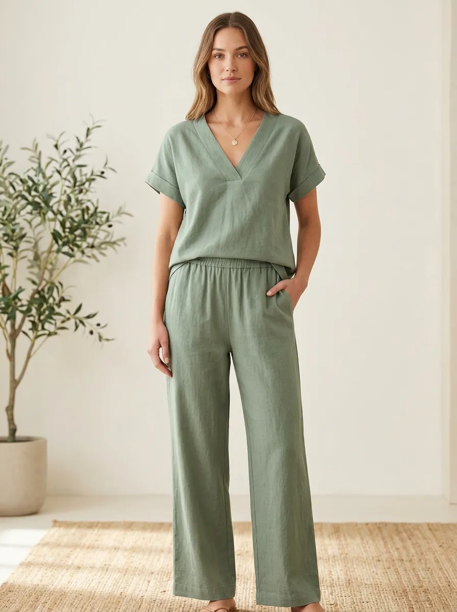 Refined Ribbed Women's V-Neck Casual Lounge Set