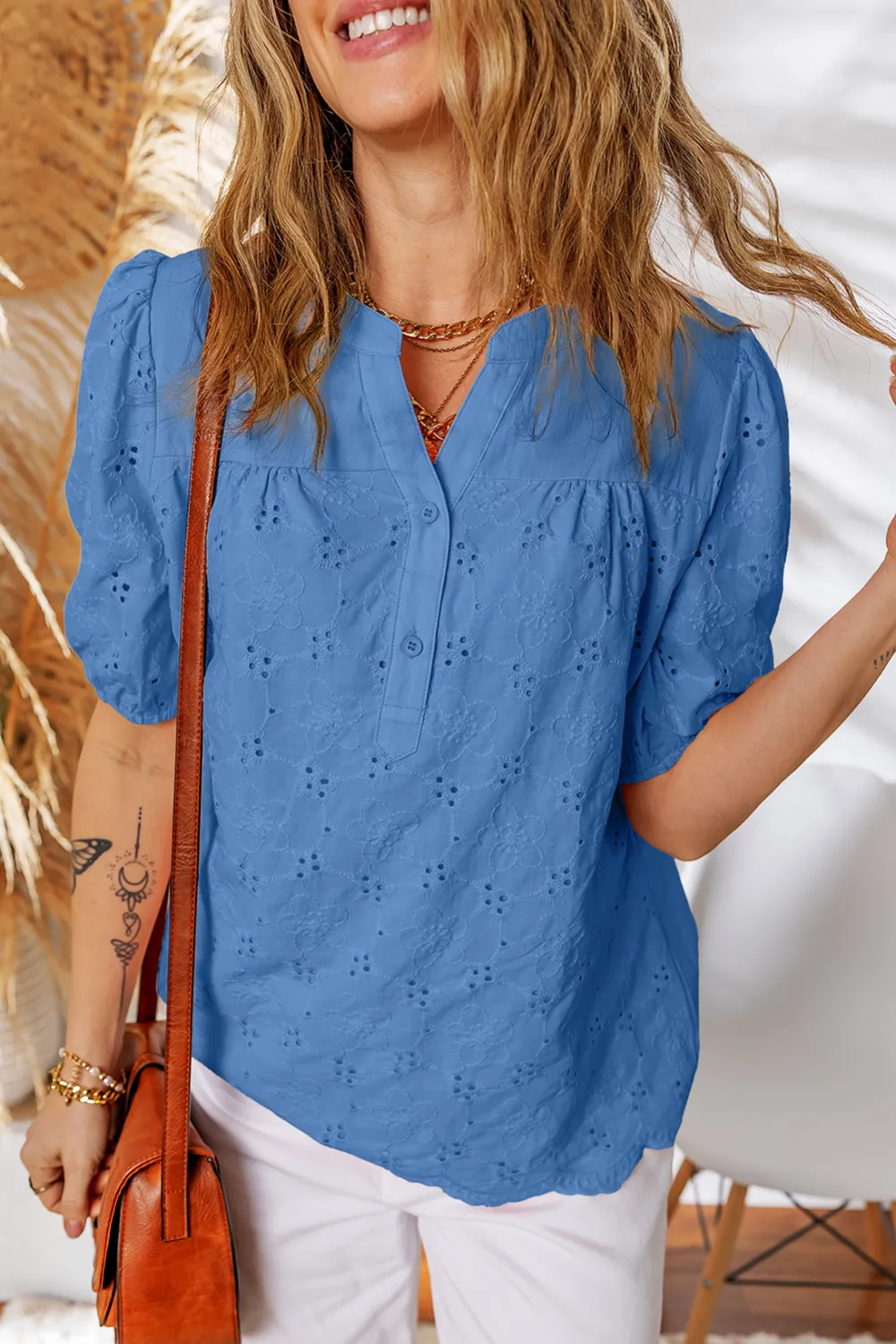 Sky Blue Lace Crochet V Neck Blouse
