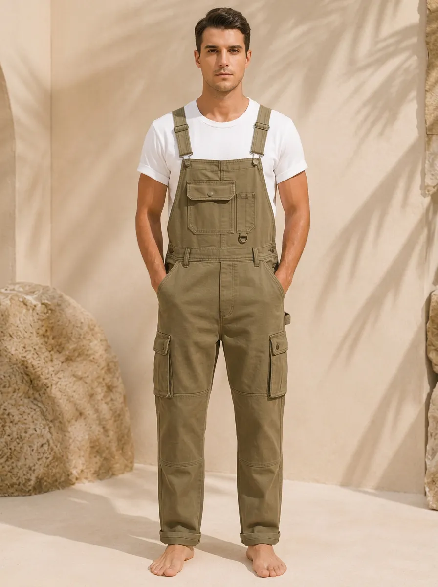 Men's Casual Outdoor Olive Green Cargo Bib Overalls