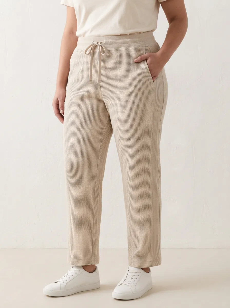 Women's Casual Beige Waffle Knit Drawstring Lounge Pants
