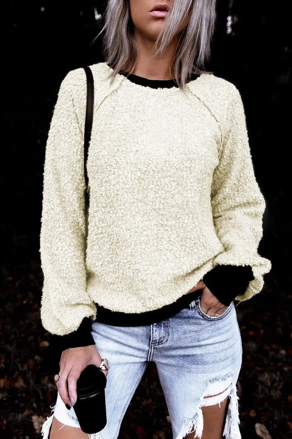 Color Block Trim Fuzzy Solid Paneled Raglan Sleeves Casual Sweatshirt