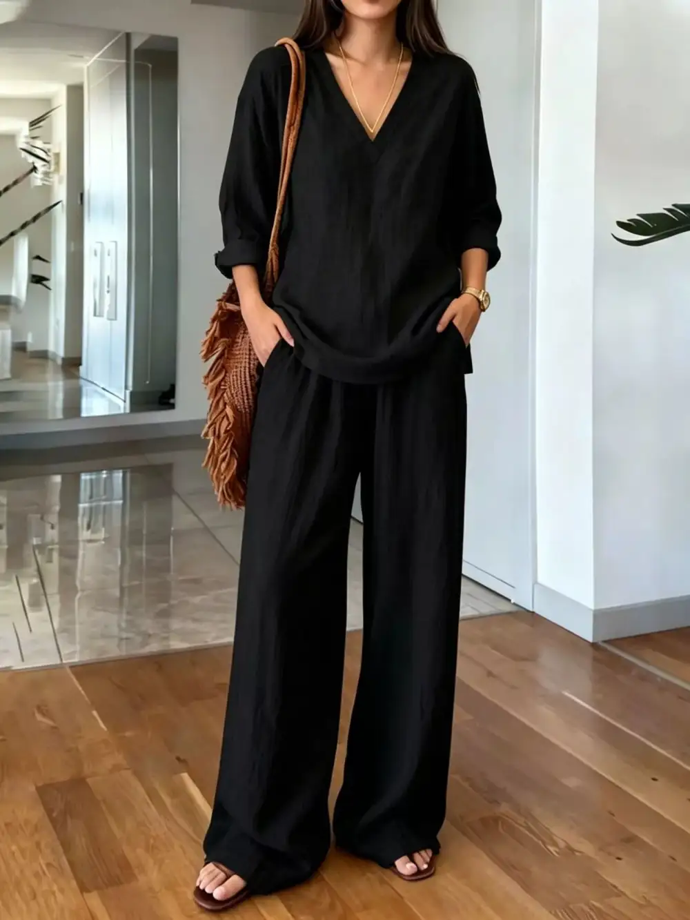 V Neck Top and Wide Leg Pants Set