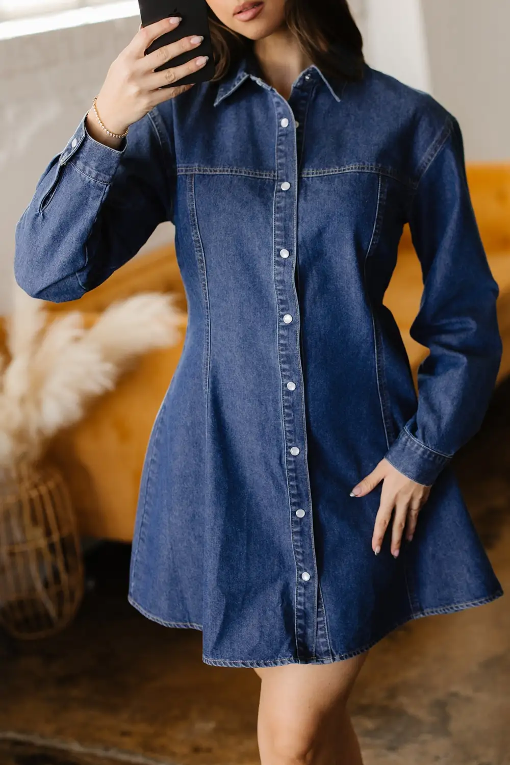 Women's Denim Long Sleeve Flared Mini Dress