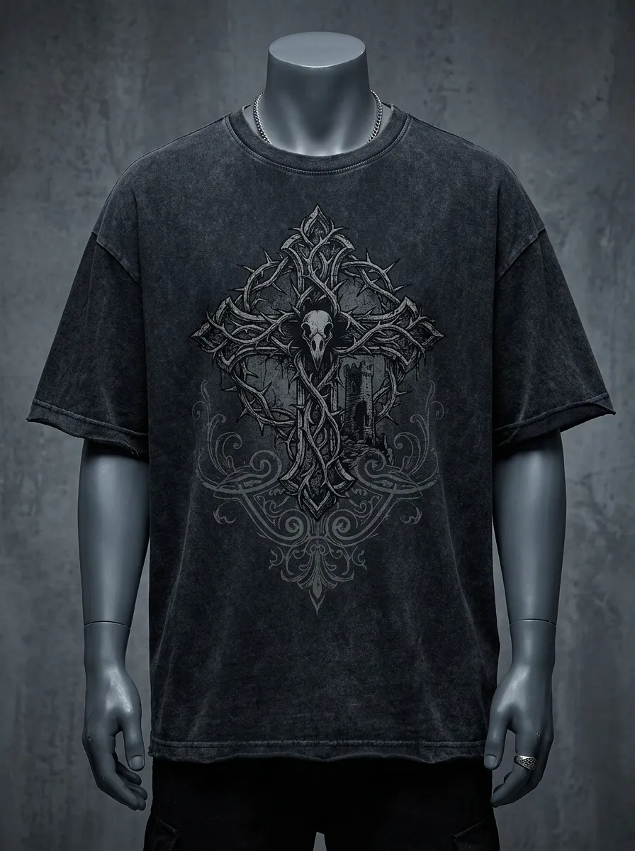 Statement Skull Thorn Cross Silhouette Men's Gothic T-Shirt