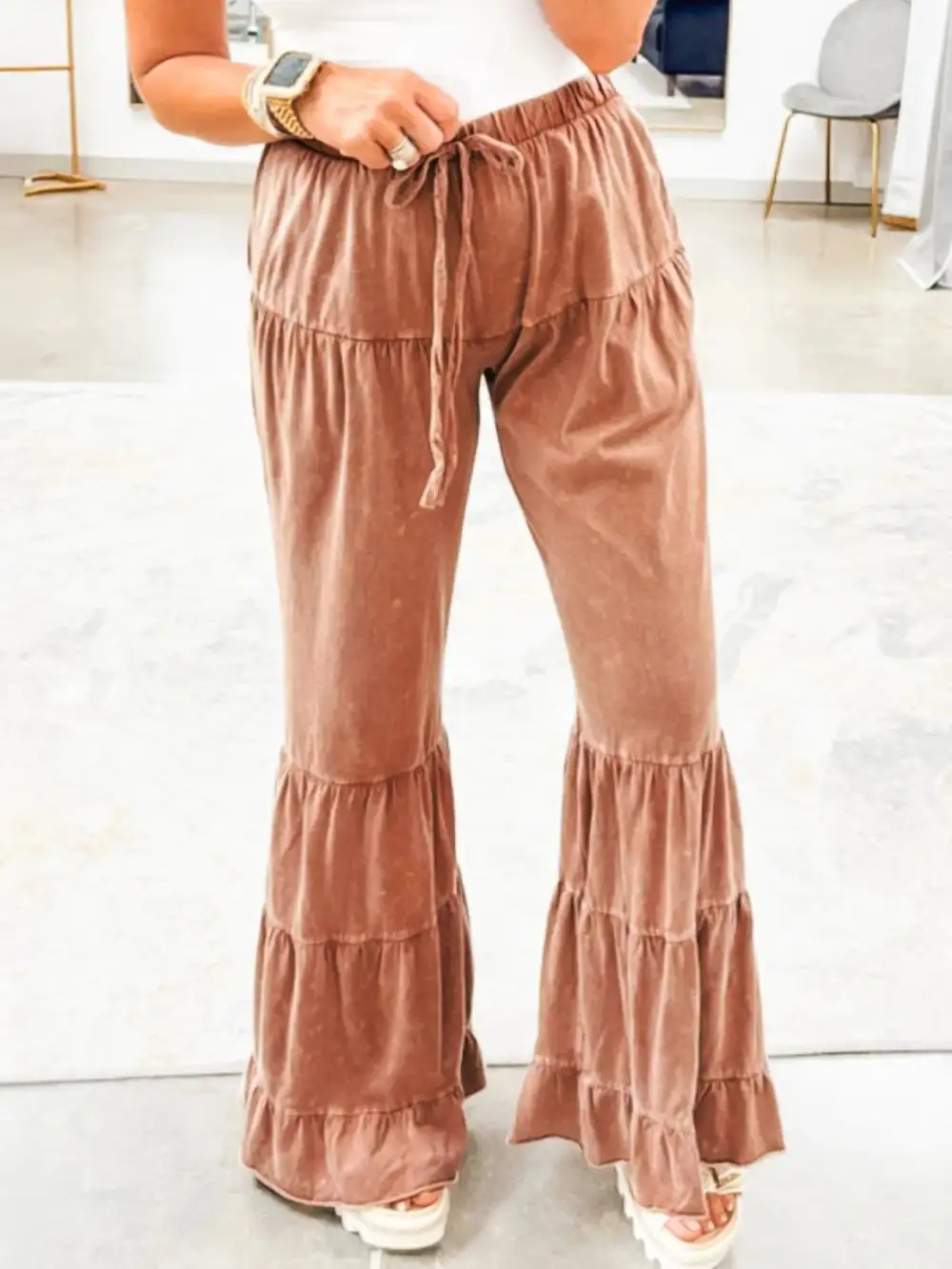 Drawstring Flared Ruffle Pants