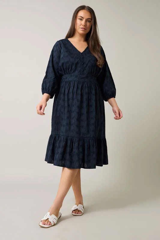 Navy Blue Embroidered Tiered Midi Dress detail 2