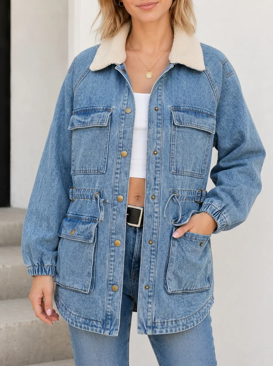 Women's Casual Vintage Sherpa Collar Denim Jacket