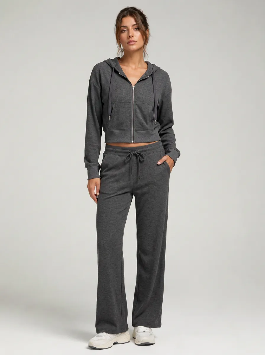 Women's Casual Charcoal Ribbed Zip-Up Hoodie Wide-Leg Jogger Set