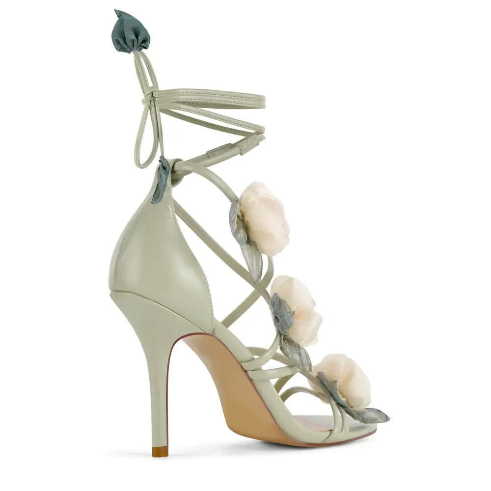 Round Toe Organza Flower Wrap Lace Up Sandals