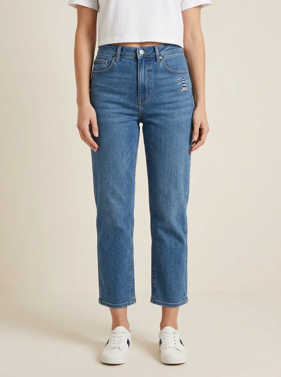 Women's Lighthouse Embroidered Front-Pocket High-Rise Straight-Leg Jeans