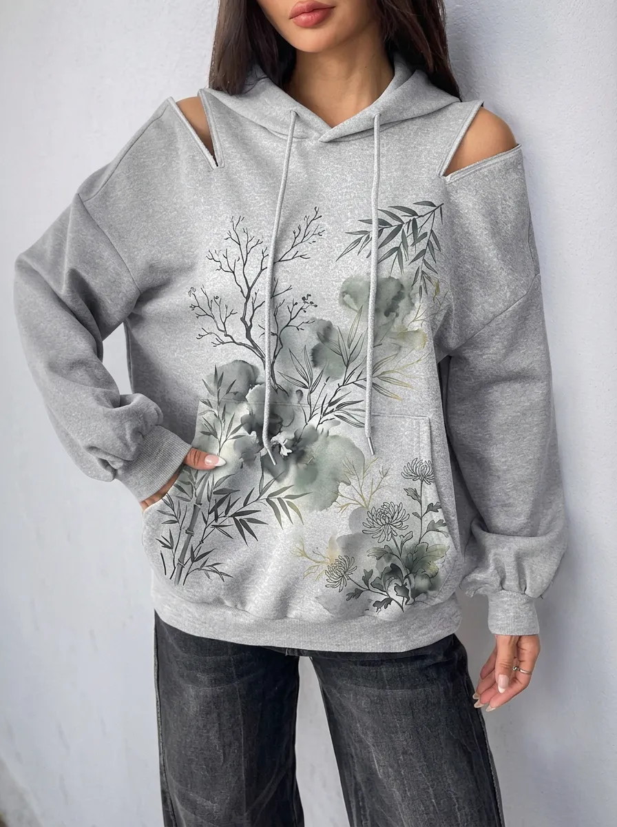 Women's Botanical Art Watercolor Floral Printed Cold Shoulder Hoodie