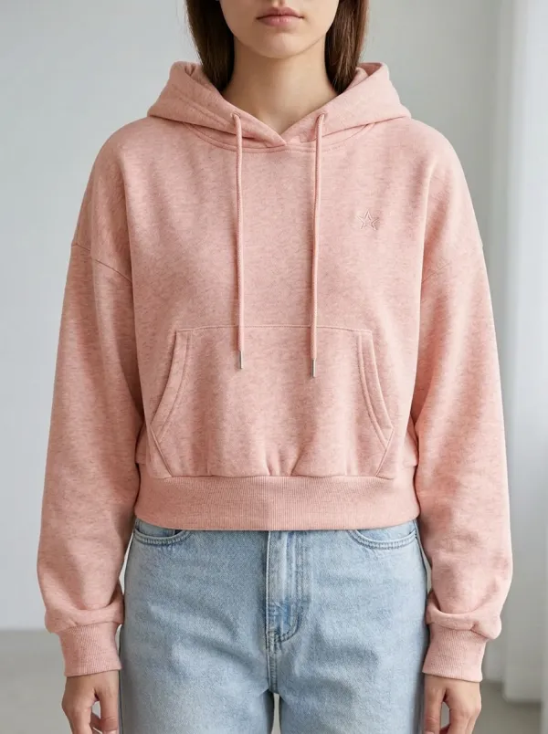 Women's Minimalist Star Embroidered Beige Cropped Hoodie