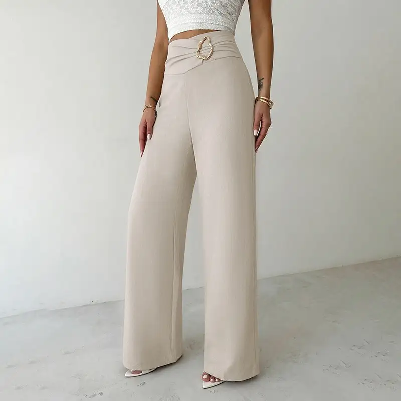 Women's High Waist Straight Leg Button Detail Pants
