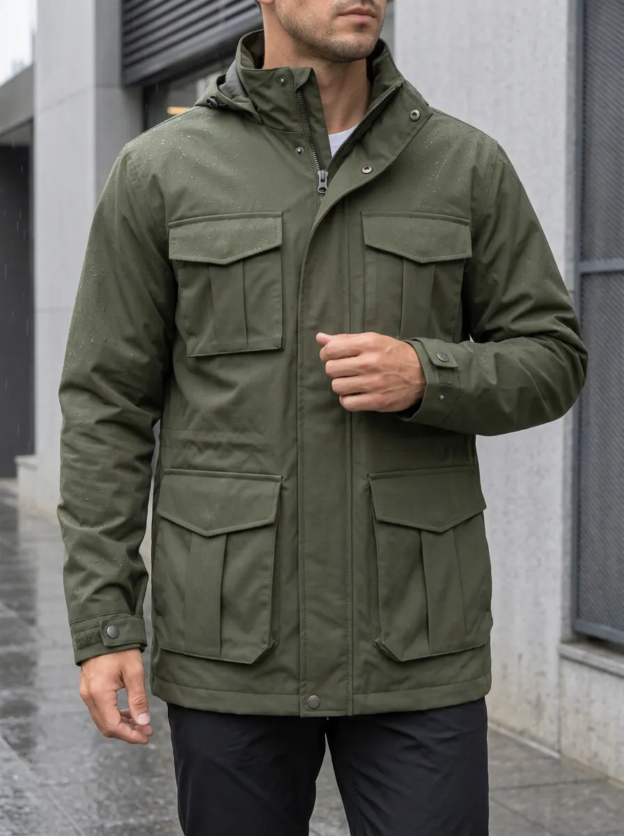 Men's Olive Green Waterproof Hooded Jacket with a Stand Collar