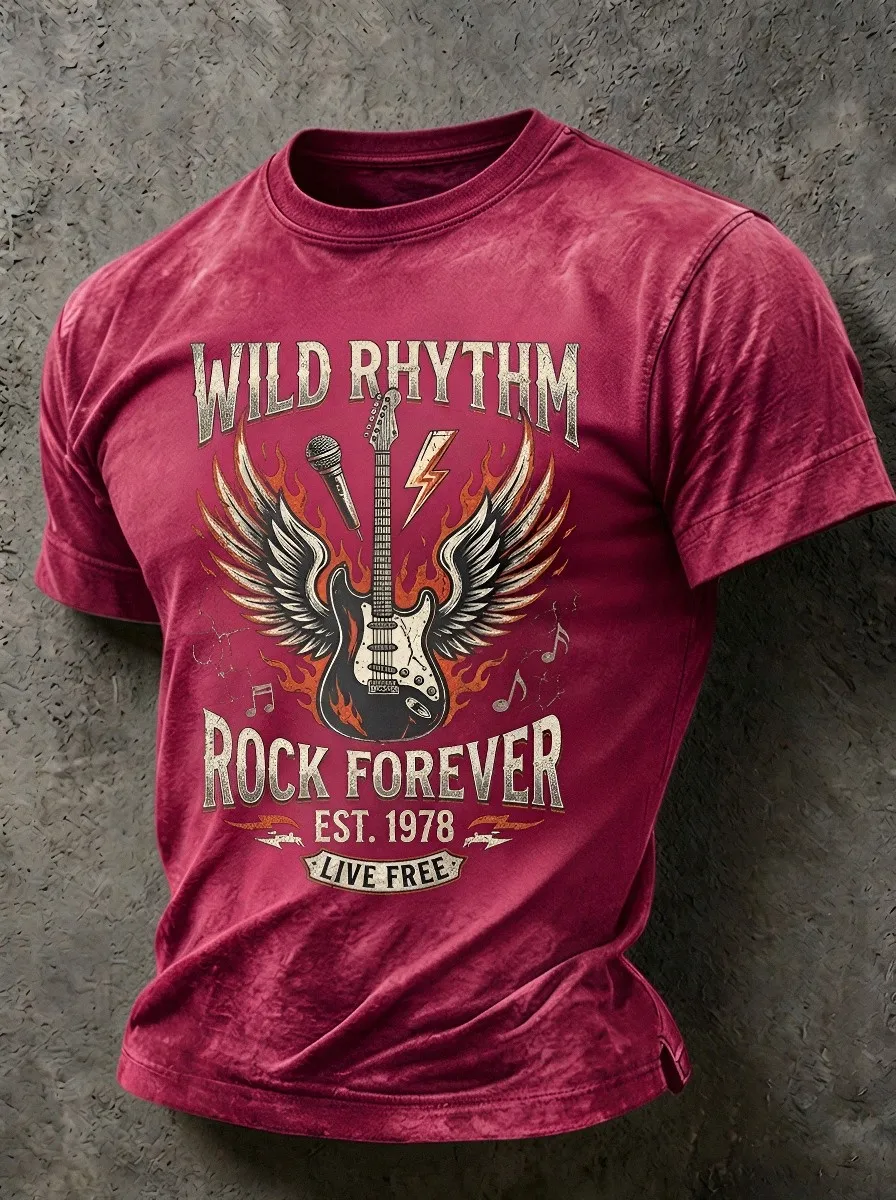 Men's Rock Music Lover Winged Guitar Microphone Printed T-shirt