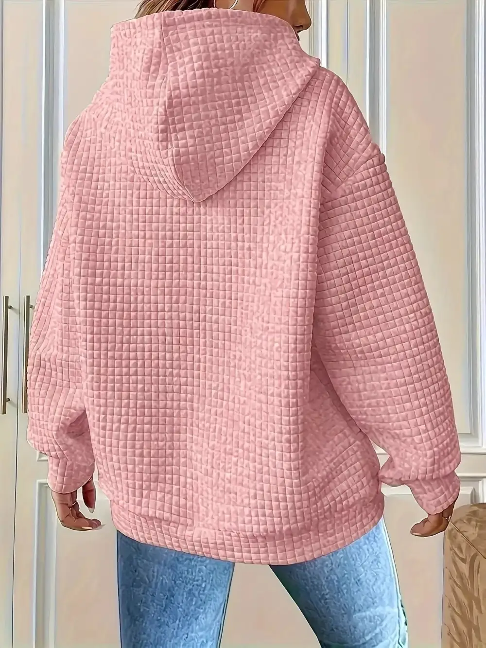 Drawstring Pocketed Textured Knit Hoodie