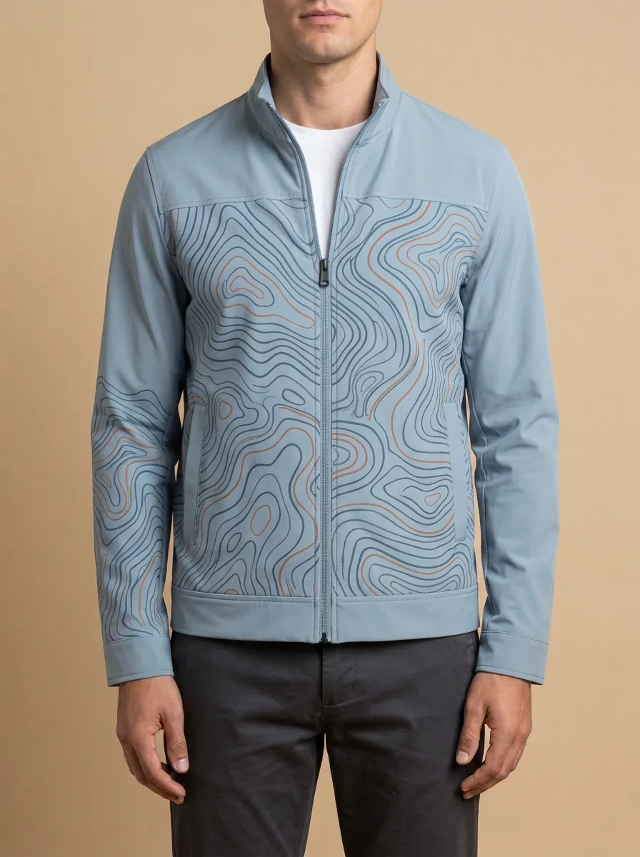 Topographic Print Welt Pockets Zip-Up Jacket