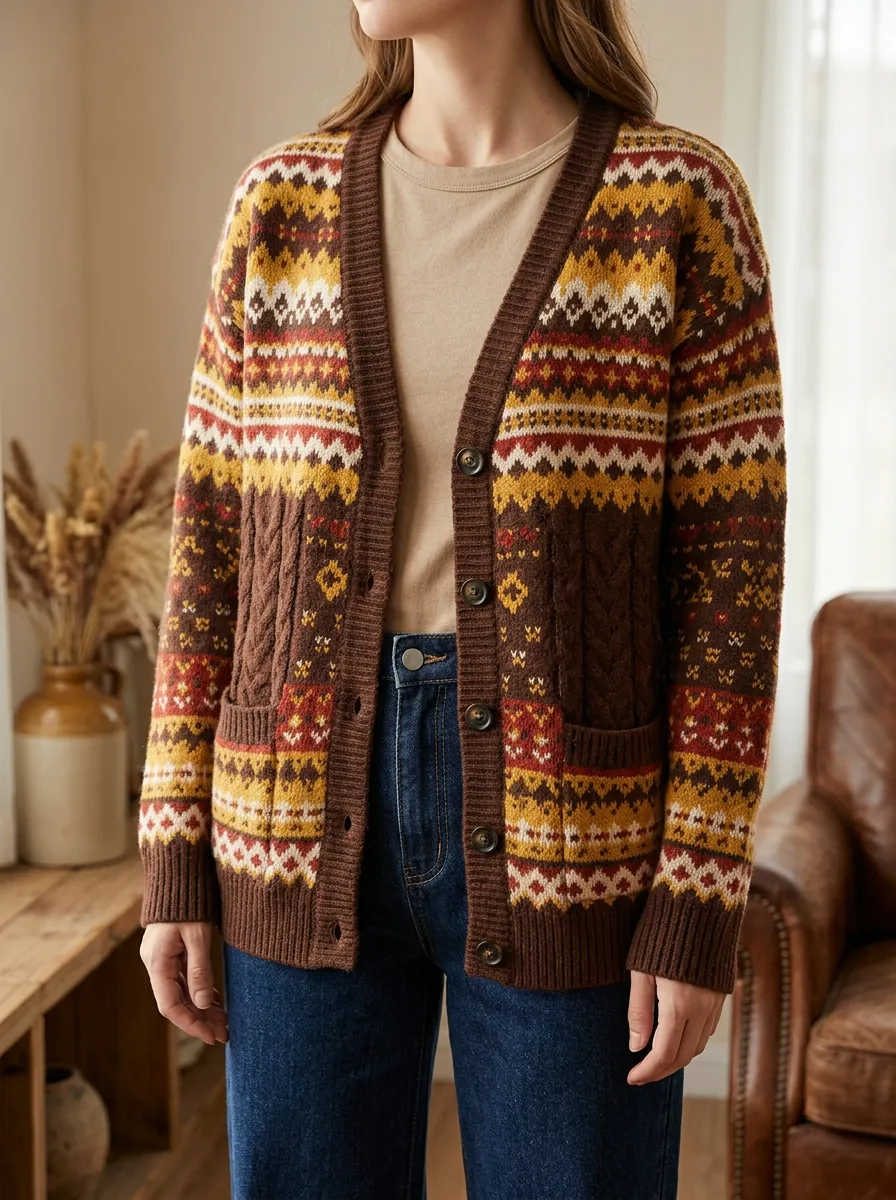Women's Vintage Fair Isle Pattern Printed Textured Knit Casual Everyday Cardigan