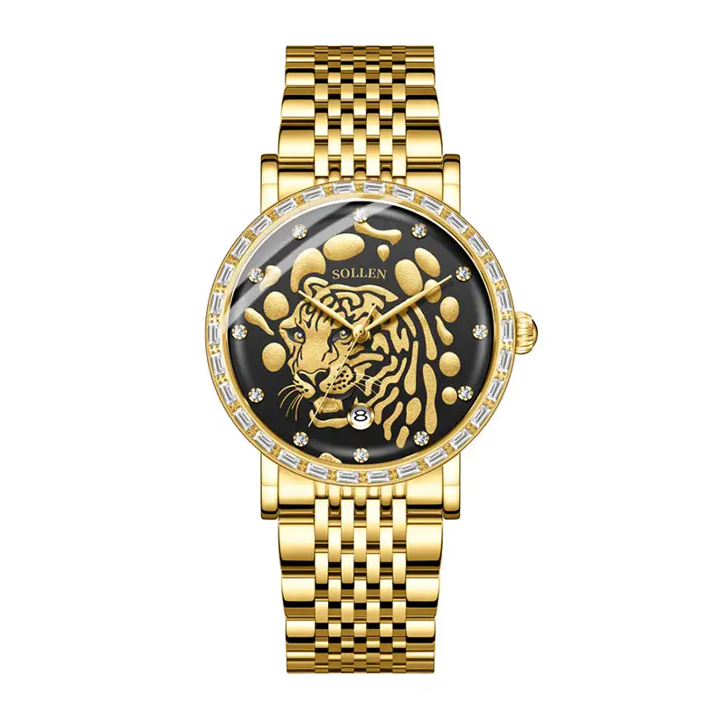 Sollen 9078 Ultra-Thin Automatic Watch - Men's Dress Citizen 9015 Tiger Relief 30 Baguette Bezel 9-Bead Steel Bracelet Wristwatch