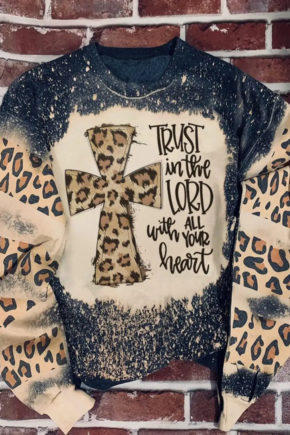 PRAY Letter Leopard Bleached Color Block Sweatshirt